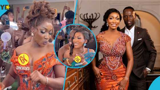 Agyeman Badu's wife almost ruins her makeup, gets emotional as Piesie Esther performs MO at their wedding