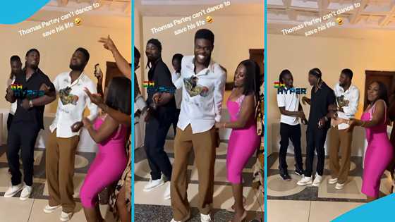 Nana Aba please parties hard with Partey, he runs away as she tries to dance with him