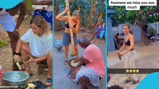 "Eka aba fie": Obroni woman pounds fufu as she learns to cook the Ghanaian way