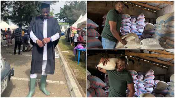 John Dumelo carries big bags of rice by himself; peeps impressed
