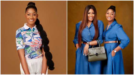 Ghanaian actress Nayas and her daughter stun in matching blue flared dresses and elegant hairstyles