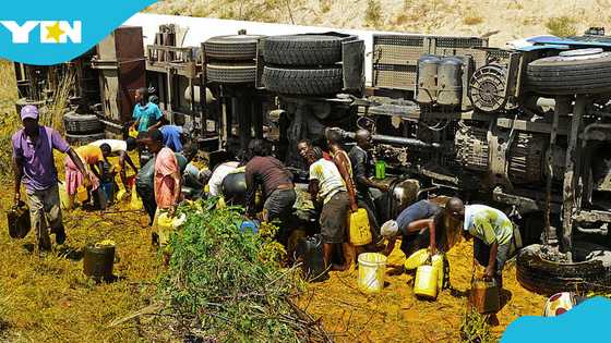 Residents risk their lives to siphon fuel from tanker involved in accident near Nsawam