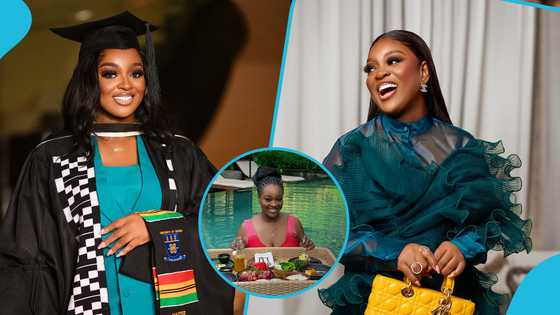 Jackie Appiah rocks onesie swimsuit, enjoys breakfast inside a large rooftop pool, photos