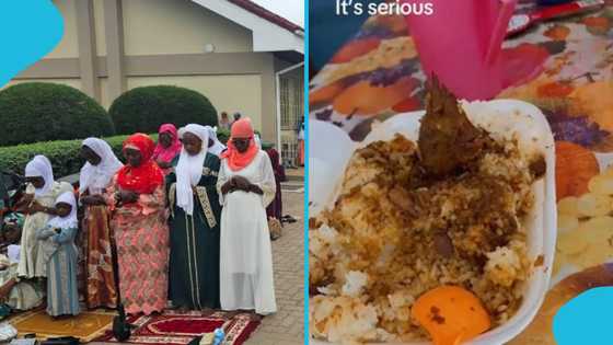 Ghanaian parent gives her child's teacher sallah rice and stew, adds chicken head to it