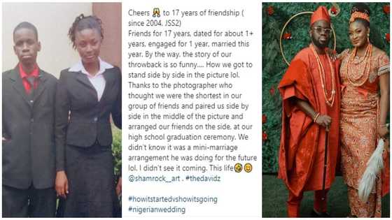 Young lady marries her secondary school classmate after 17 years, shares their 2004 graduation photos
