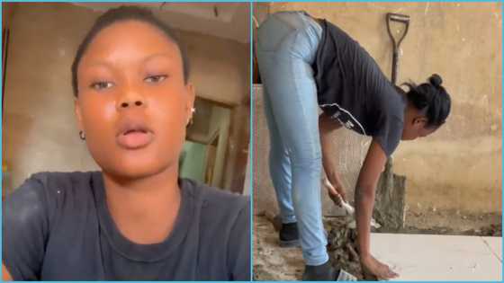 Ghanaian lady flaunts work as a tiler, appeals for support: "Dm me for your construction works"