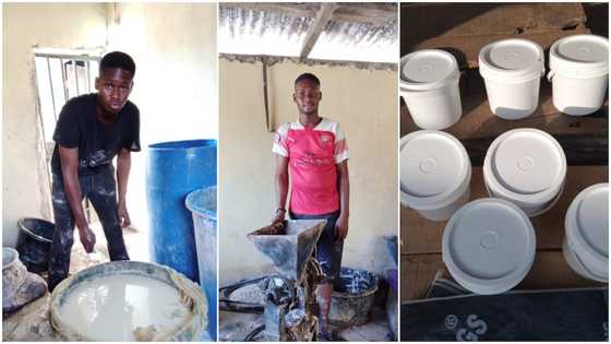 Young Nigerian man packages pap in containers to make a living