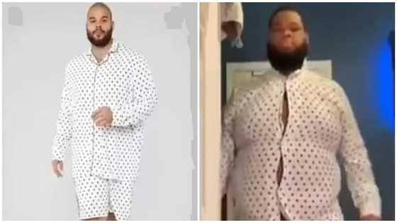 Man receives ill-fitted outfit after shopping online, hilariously attempts to pose like model