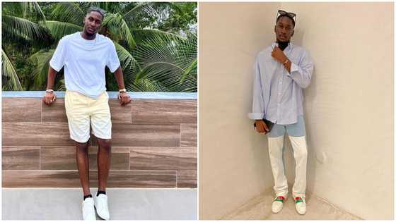 Despite's son Saahene poses with expensive cars as he models in expensive clothes and sneakers