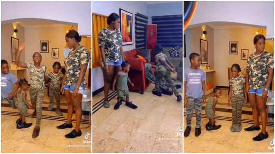 Oga’s shoes don suffer: Hilarious reactions as Mercy Johnson and kids wear her hubby’s shoes in funny video