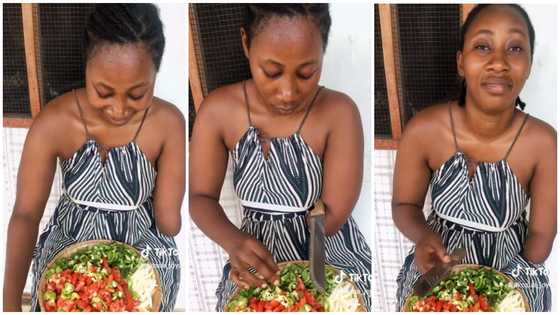 Pretty Ghanaian lady with one hand cuts vegetables with finesse in viral video, leaves many peeps in awe