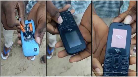 Student fixes torchlight batteries in phone and makes it work at Comboni Secondary Technical School