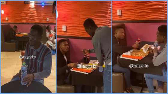 Ghanaian man left disappointed as lady fails to show up on a date, stranger takes over, eats pizza with him
