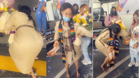 Tonto Dikeh causes traffic at Ghana airport upon arrival; removes her shoes to dance in new video