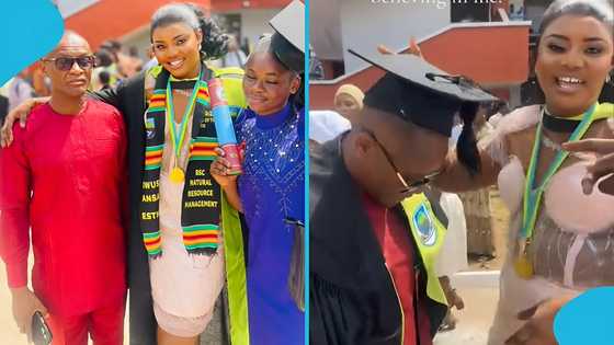 Ghanaian lady honours dad at her graduation, dresses him in her graduation robe: "Responsible man"