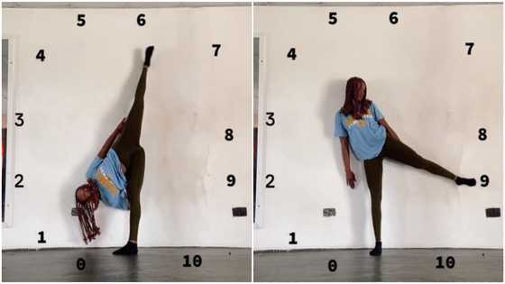 Lady uses her legs as hands of the clock, goes through all numbers in video