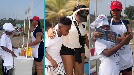 Michy GH trains her son Majesty on customer service as they sell fruit juice by the roadside
