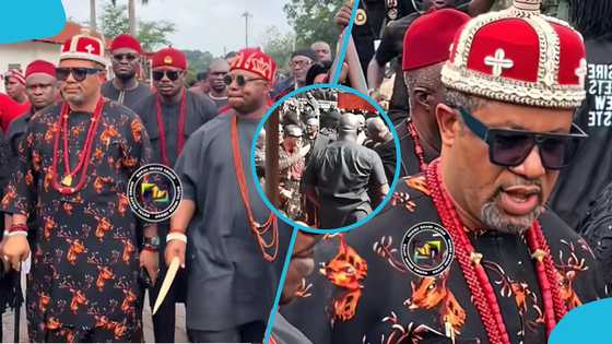Kyeame embarrasses Igbo King at Manhyia as he stops him from shaking Otumfuo's hand, video stirs reactions