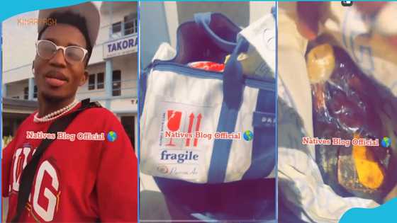 Kofi Kinaata boards plane with gobɛ in his bag, places 'fragile' notice on it