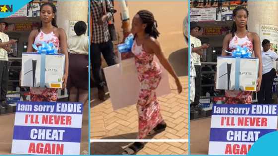 Lady publicly begs boyfriend for forgiveness after cheating on him, buys PS5 to appease him, video
