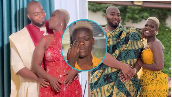 Ghanaian bride Afua looks regal in one-hand kente gown and short blond hairstyle for her wedding