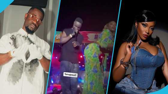 Sarkodie moves backwards as Sefa bends over to grind him on stage at This Is Tema Festival, video drops