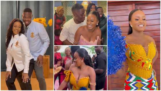 Beautiful Ghanaian bride Winnie shows off dancing moves in elegant corseted kente on her wedding day