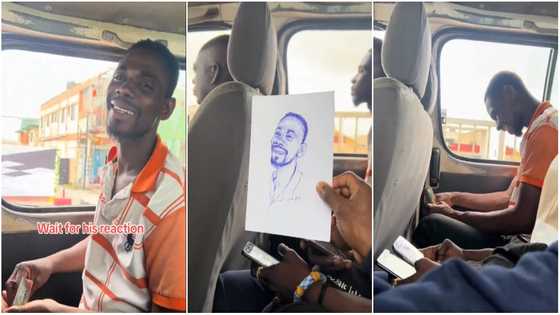 Bus conductor moved to tears as Ghanaian artist, Enil Arts draws him in a trotro and hands it to him
