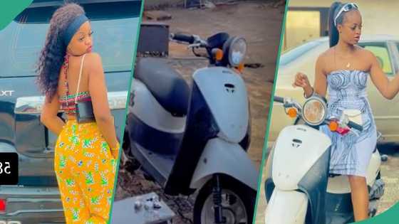 Lady buys bike, pours drink, dances happily and drives it around compound