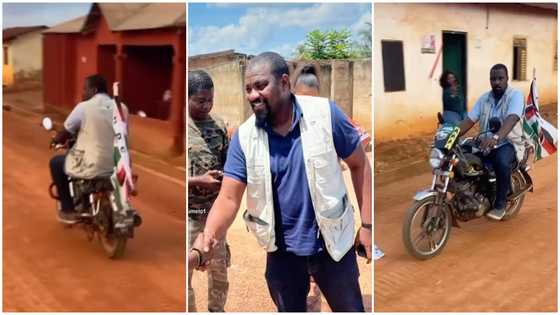 John Dumelo joins NDC's campaign in Assin North, video of him riding motorbike in town raises safety concern