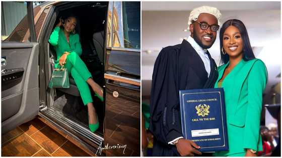 Tracy Osei flaunts GH₵ 32k bag, slays in all-green as she drops boss lady photos in Rolls Royce