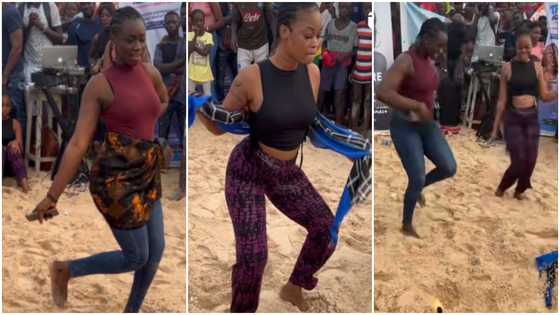 Barefooted ladies in skintight wears show off stellar dance moves; man removes wrapper on one in video