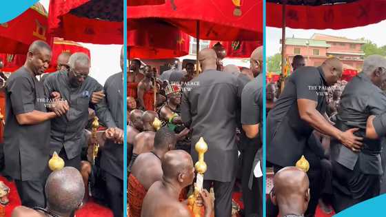 Kufuor suffers to walk, held by three men to greet Asantehene, video breaks hearts