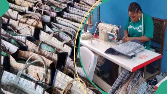 Lady makes bags with empty water sachets, peeps hail her creativity: "God bless your handwork"