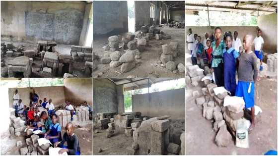 Video, photos of school with pupils sitting on blocks to learn pop up, many angry