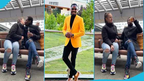Kofi Gabs peppers PhD holders, kisses his obroni woman amorously in video