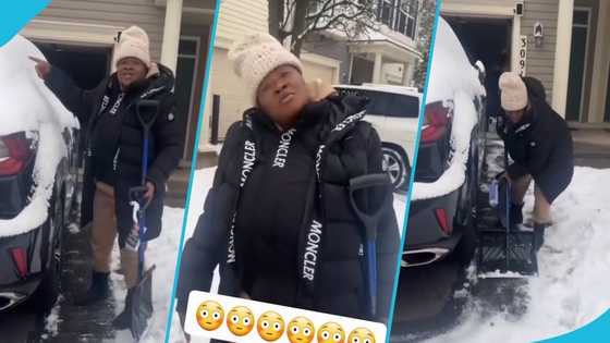 Mercy Asiedu laments about the struggles of living abroad while clearing snow from her car