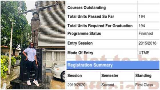 Lady makes history in university, bags the only first-class in her class, shares result as proof
