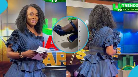 Diana Asamoah looks flawless in a blue one-hand dress and stylish block heels to read news on UTV