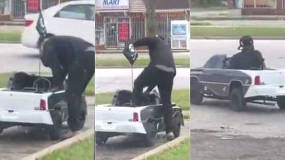 Adult driving around in a toy car surprises many and cause massive stir; video Goes Viral
