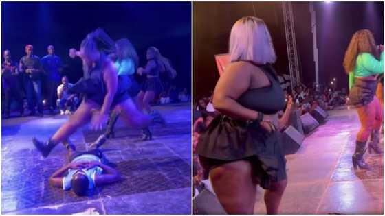 Eno Barony's performance at Presec, Legon gets fans worried as plus-size dancer jumped on a slim guy