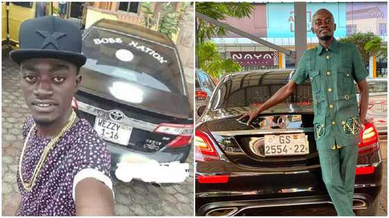 Lil Win flaunts brand new Benz, looks stunning in green shirt and trousers as he poses in photos