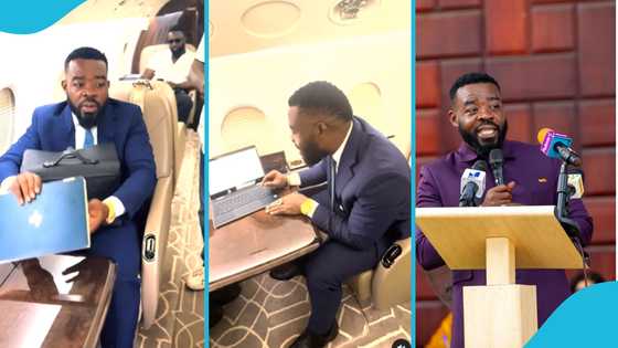 Richard Nii Quaye flies in his private jet, works on his small laptop