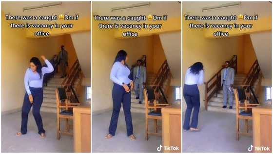 Pretty lady in long sleeves shows off sweet dance moves at office, her male boss catches her in video
