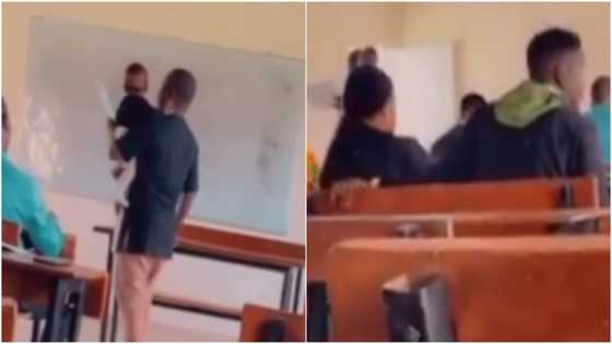 Kind heart: Male lecturer carries little baby as mother receives lecture, many hail him