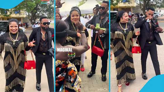 Agradaa dances Adowa at Nana Tornado's mother's funeral, Angel Asiamah sprays her with cash