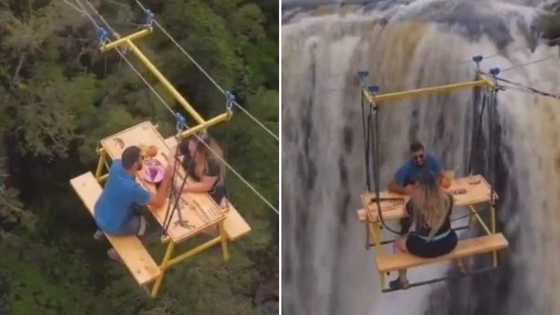 "Doing the most": Couple in love risk their lives to have romantic picnic over high waterfall; many react
