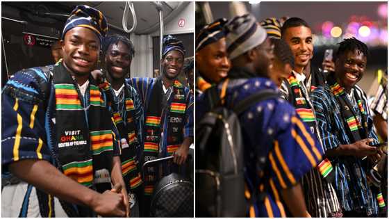 Black Stars players receive applause as they arrive in Qatar wearing uniformed traditional fugu styles