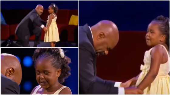 Little girl holds hands with popular TV host who kneels before her and prays for him