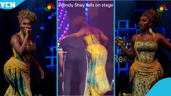 Video of Wendy Shay falling on GMB 2025 stage and being carried away by 2 men sparks reactions